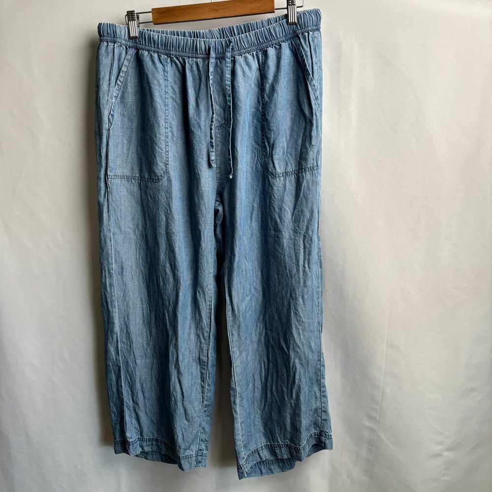 Splendid Blue Lyocell Chambray Wide Leg Cropped Drawstring Crop Pants Casual L